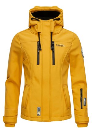 Gelbe wasserdichte Jacke mit Reißverschlusstaschen auf der Vorderseite, verstellbare Kapuze und schwarzen Hardware-Akzenten. Hergestellt aus weichem, langlebigem Material.