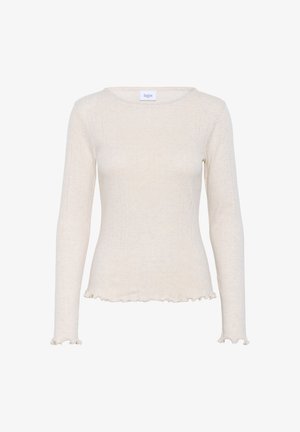 Pitkähihaisessa kermavärisessä paidassa on ribbikuvio, pyöreä pääntie ja aaltoileva helma. Siinä on hienovaraisia pystysuoria viivoja ja istuva siluetti.