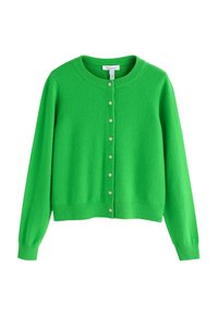 Cardigan verde din lână moale, cu guler rotund, mâneci lungi și o serie de nouă butoane deschise pe față.