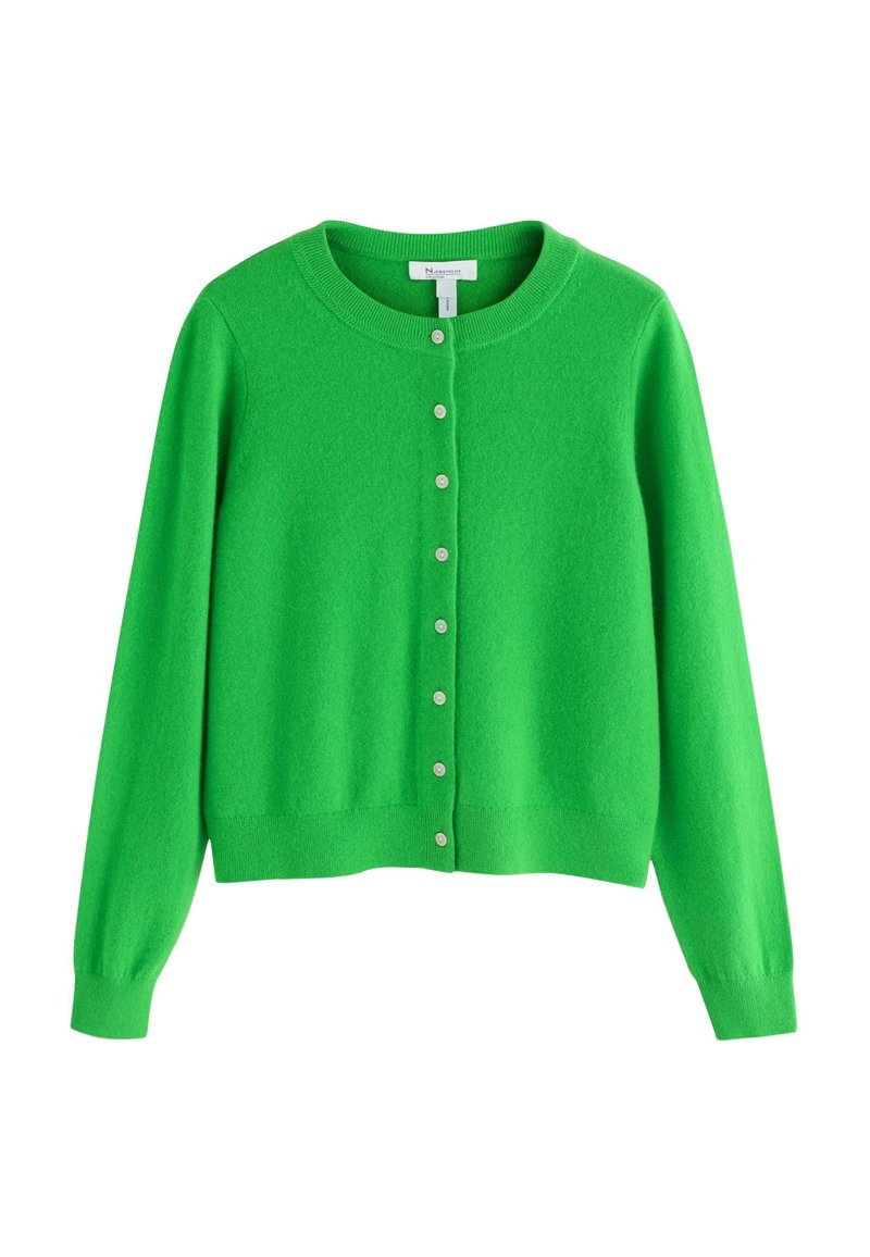 Cardigan verde din lână moale, cu guler rotund, mâneci lungi și o serie de nouă butoane deschise pe față.