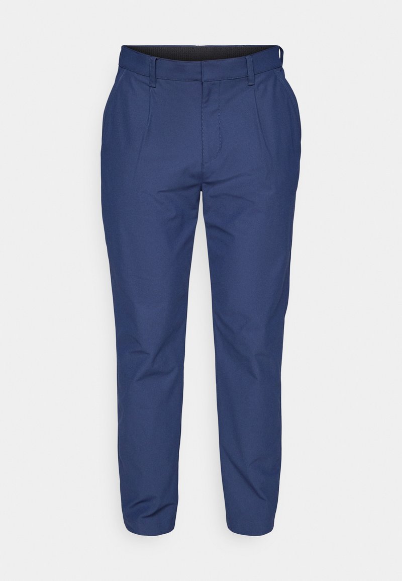 Pantalon bleu marine au design à jambes droites, confectionné dans un tissu lisse, avec des plis et une taille élastique pour le confort.