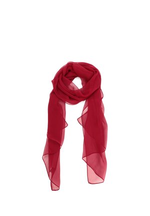 Sciarpa leggera rossa trasparente, piegata liberamente con lunghe estremità fluttuanti su sfondo bianco.