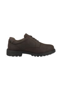 Scarpa in pelle marrone con punta arrotondata, design con lacci e suola in gomma nera robusta; presenta dettagli cuciti e una finitura liscia.