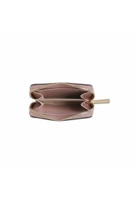 Kompakt pung med en rose gold lynlås, der har blød lyserød inderside, to rum og en glat tekstureret ydre. Guld detaljering.