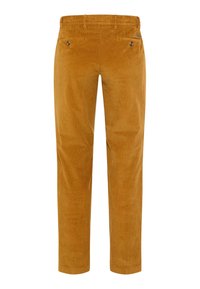Corduroy broek in mosterdgeel, met een rechte pijpdesign, voor- en achterzakken en metalen accenten op de achterzakken.