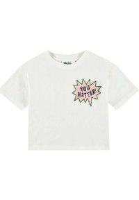 Hvid cropped t-shirt med korte ærmer, prydet med et farverigt "DU BETYDER NOGET!" grafik med et pink og grønt stjerneburst-desing.