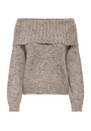 Maglione off-the-shoulder in marrone chiaro, con scollo a costine e maniche lunghe e ampie. Materiale a maglia morbido e testurizzato. Lunghezza accorciata.