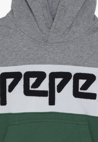 Felpa con cappuccio grigia caratterizzata da una striscia bianca con lettering in rilievo nero "PEPE" e una sezione inferiore verde. Tessuto misto cotone con una finitura testurizzata.