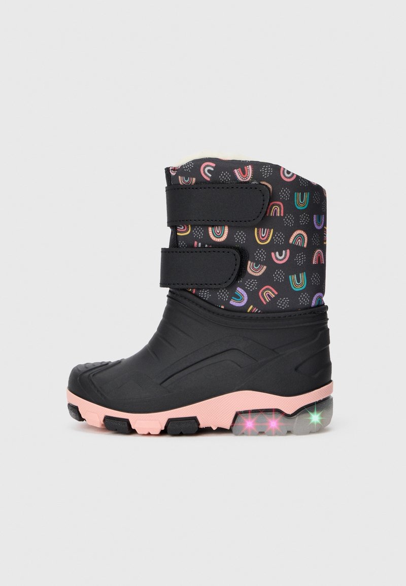 Bottes d'hiver pour enfants noires et roses avec motifs arc-en-ciel, deux scratchs et semelles LED multicolores lumineuses.