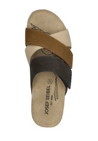 Brown and tan leather slide sandal with cross straps. Soft suede footbed, flat sole. Features brand logo and size stamped on insole.