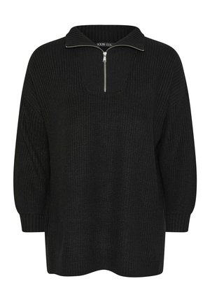Suéter de punto negro con cuello de media cremallera, corte holgado y patrón texturizado. Presenta hombros caídos y puños de manga acanalados.