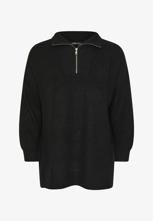 Schwarzer Strickpullover mit halbem Reißverschluss-Kragen, lockerer Passform und strukturiertem Muster. Verfügt über heruntergesetzte Schultern und gerippte Ärmelbündchen.