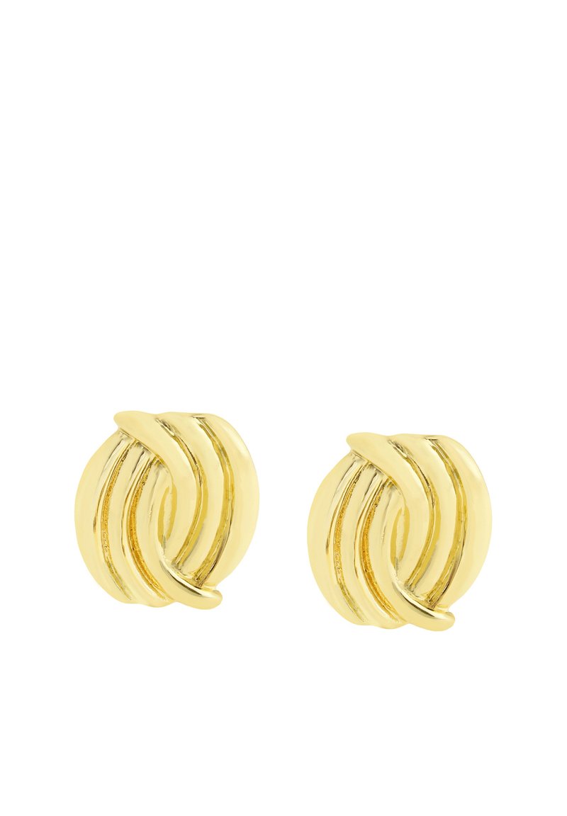 Une paire de boucles d'oreilles rondes en or avec un design tordu et rayé, et une finition lisse et polie sur un fond blanc.