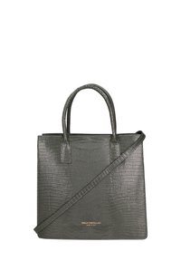 Gestructureerde donkergrijze handtas van textuurmateriaal met een krokodillenpatroon, met korte handvatten en een afneembare schouderband.