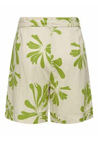 Světlé béžové šortky s živým zeleným květinovým vzorem, vybavené plochým předním dílem, poutky na opasek a bočními kapsami. Vyrobené z prodyšné látky.