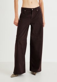Persoană îmbrăcată cu pantaloni largi, cu talie înaltă, de culoare maro închis și pantofi metalici aurii cu vârful ascuțit, pe un fundal alb simplu.