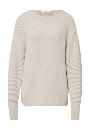 Beżowy sweter z dzianiny z teksturowanymi wzorami w linii diagonalnej i poziomej, długimi rękawami, okrągłym dekoltem oraz ściągaczami przy mankietach i u dołu.