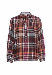 Chemise à manches longues à carreaux avec col boutonné, présentant des motifs à carreaux bordeaux, rose, orange, gris et beige.