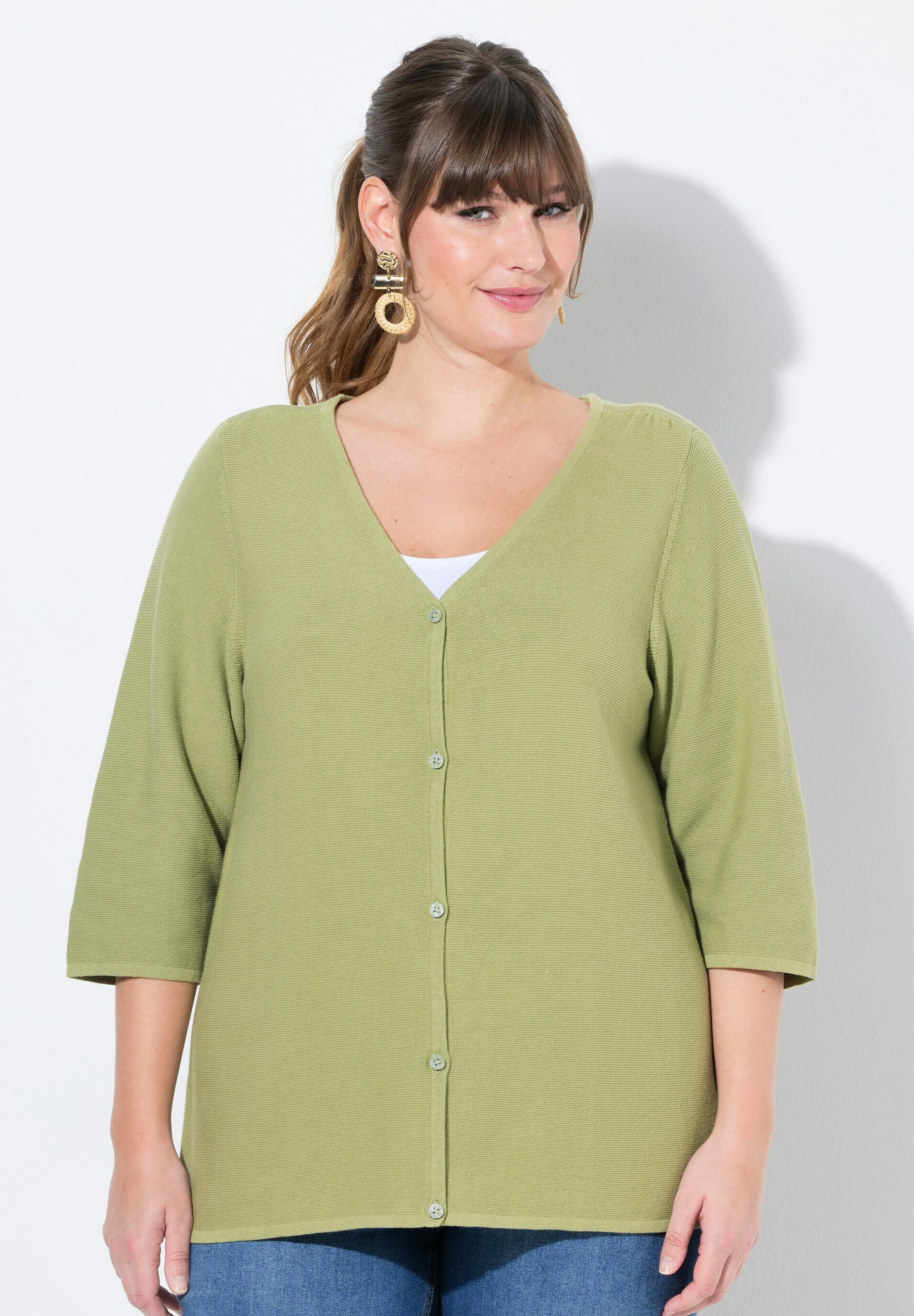 Ulla Popken 3/4 SLEEVE V-NECK Cardigan classic sage/green