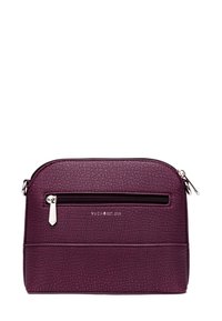 Purple faux leather bag with a textured surface, featuring a front zip pocket and a main zip closure. Silver hardware accents and logo detail.
