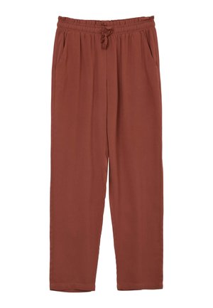 Pantaloni leggeri color ruggine con vita elastica, cordoncino, tasche laterali e design a gamba dritta. Texture liscia.