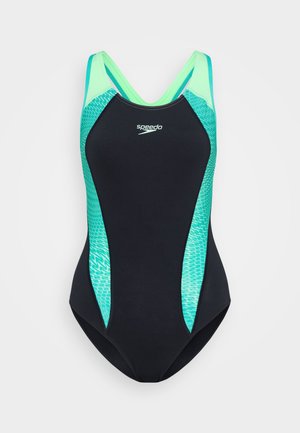 Costume intero Speedo nero e turchese con pannelli laterali a fantasia e spalline verdi coordinate.