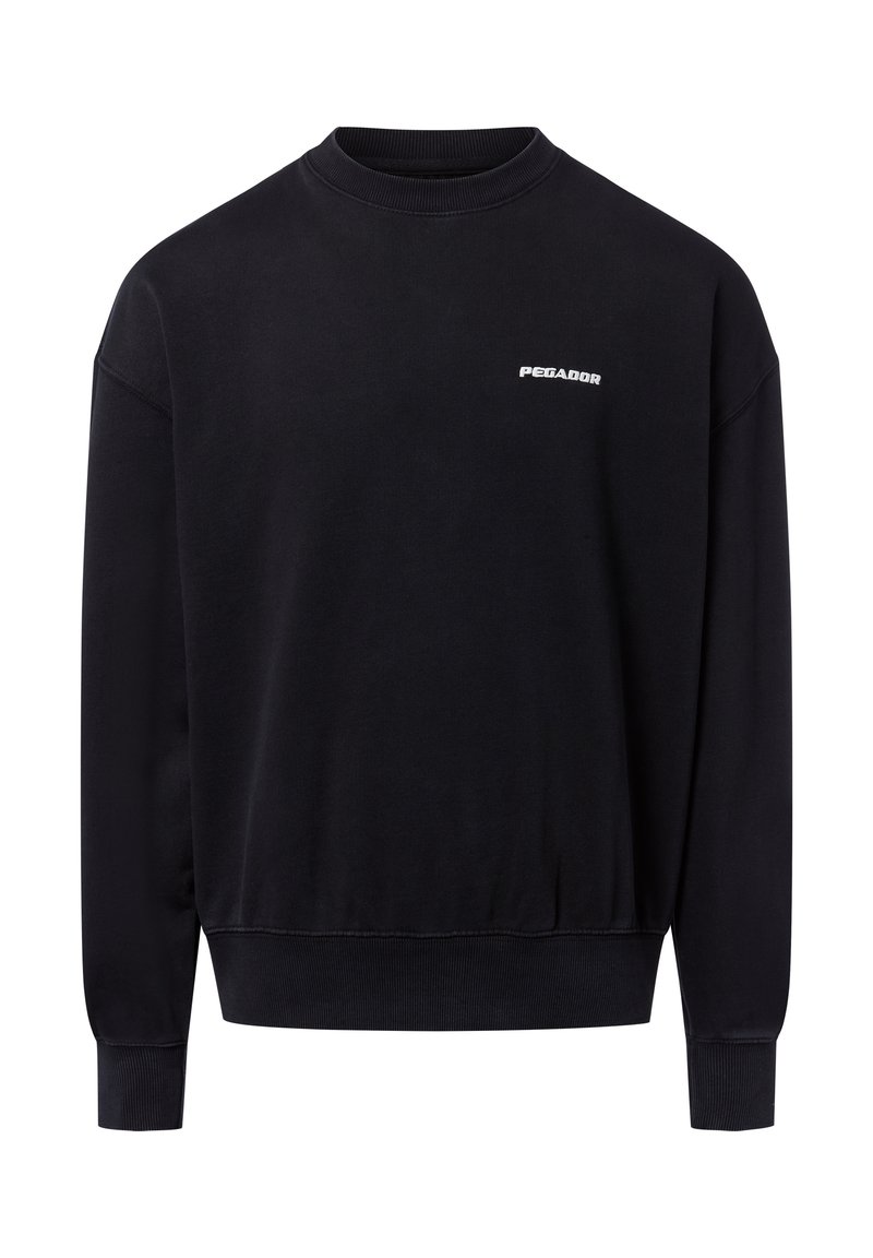 Svart tjocktröja i bomullsblandning, med rund halsringning, långa ärmar, ribbade ärmslut och en liten vit logotyp på bröstet.