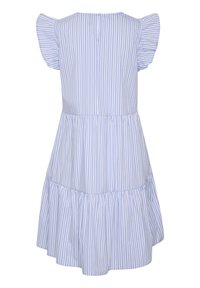 Svetlo modra in bela črtasta obleka s krili, zaobljenim izrezom, večnivojskim robom in zapiranjem na gumb na hrbtu.