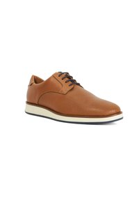 Brown leather lace-up shoe with embossed texture, rounded toe, white sole, and navy laces, offering a modern, versatile design.