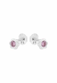 Orecchini a perno a forma di fiore in argento con una gemma rosa al centro. Il design presenta una finitura lucida e dettagli intricati.