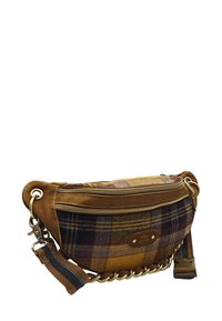 Sac bandoulière à carreaux dans des tons jaunes, marron et violets, avec un extérieur en cuir suédé, du matériel doré et une bandoulière amovible.