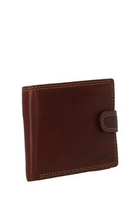 Brown leather wallet with a smooth texture, folded design, contrasting stitching, and a snap closure. Features embossed brand logo.