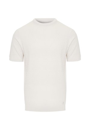 Krátký bílý pletený svetr s texturovaným vzorem a kulatým výstřihem. Obsahuje jemné akcenty na lemu a manžetách.