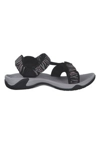 Mustad musta ja halli värvi sandaalid elastsete rihmadega, pehme jalatoega ja tekstuuriga halli välispinnaga. Omab reguleeritavaid Velcro klambreid.