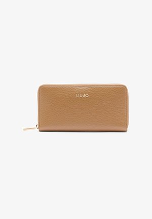 Brown textured leather wallet with a gold logo on the front and a zipper closure, featuring a smooth finish and rectangular shape.