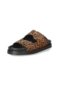 Leopardprint slide-sandalen hebben een zacht bovenmateriaal, twee verstelbare banden met gouden hardware en een dikke zwarte zool voor comfort.