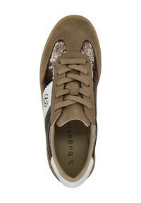 Brown suede sneaker with glittery bronze accents, white logo, flat laces, and a textured rubber sole. Designed for casual wear.