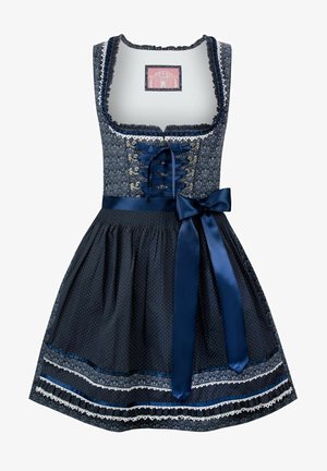 Blue patterned dirndl with a fitted bodice, lace accents, and a pleated skirt. Satin ribbon belt in the waist. Polka dot texture with decorative trim.