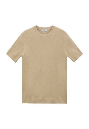 Beige Baumwoll-T-Shirt mit Rundhalsausschnitt, kurzen Ärmeln und glatter Textur. Einfaches Design, keine sichtbaren Muster oder Akzente.