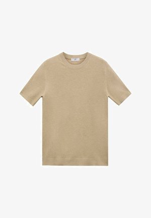 Beige Baumwoll-T-Shirt mit Rundhalsausschnitt, kurzen Ärmeln und glatter Textur. Einfaches Design, keine sichtbaren Muster oder Akzente.