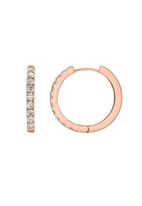 Roségold Creolenohrringe mit einer Reihe funkelnder klarer Steine auf einer Seite und einer glatten, polierten Oberfläche auf der anderen Seite.
