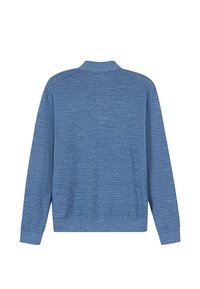 Blue textured cardigan with long sleeves, ribbed hem, and collar design. The fabric features a subtle woven pattern.