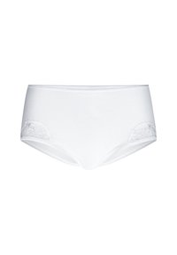 Culottes en coton blanc avec des accents en dentelle sur les côtés. Présentent une texture lisse et un design taille mi-haute pour le confort et la couverture.