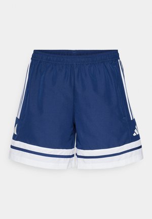 Marineblå treningsshorts med elastisk midje, hvite detaljer og tre striper på hver side; laget av lett og pustende materiale.