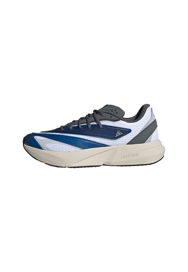 Blue and gray athletic sneaker with a mesh upper, curved white sole, and reinforced toe. Features a textured design and visible lacing.