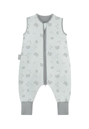 Sleeveless light grey baby romper with front zipper, grey cuffs, and small bear face pattern printed all over.