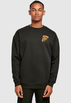 Black sweatshirt with a crew neck and long sleeves. Features an embroidered pizza slice design on the left chest, showcasing vibrant colors.