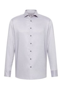 Helles lila Langarmhemd aus glattem Material mit durchgehender Knopfleiste und dunklen Knöpfen sowie einem klassischen Kragen. Schlichtes Design.