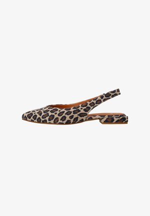 Leopardenmuster Slingback-Ballerinas mit niedrigem Blockabsatz. Weicher, strukturierter Stoff, runde Spitze und offenes Design an der Ferse.
