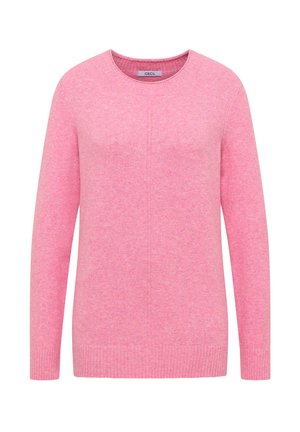 Maglione rosa realizzato in tessuto morbido con colletto tondo, maniche lunghe, e polsini e orlo a coste; presenta una texture sottile e un design senza cuciture.